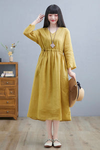 Yellow Midi Linen Wrap Dress For Women C225101