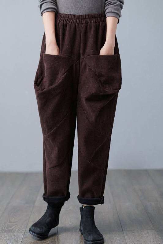 Retro Winter Thicken Corduroy Pants Women, Elastic Waist Harem Pants  C251001