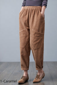 Caramel Elastic Waist Cropped Corduroy Pants C2504