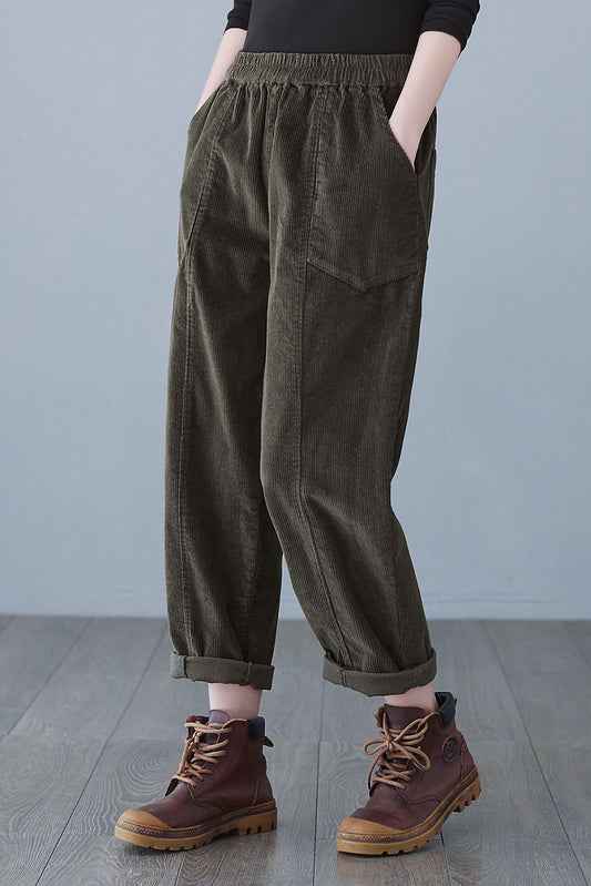 Retro High Elastic Waist Corduroy Harem Pants C2624