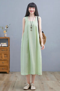 Summer Green Sleeveless Midi Linen Dress For Women C2254
