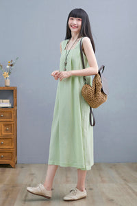 Summer Green Sleeveless Midi Linen Dress For Women C2254#YY05975