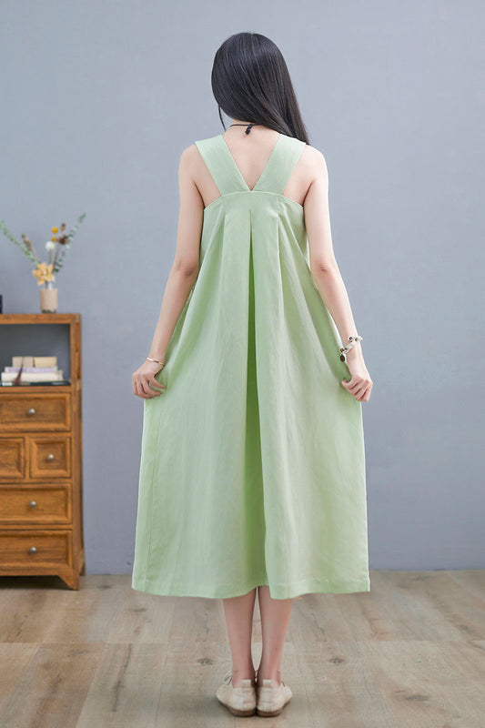 Summer Green Sleeveless Midi Linen Dress For Women C2254