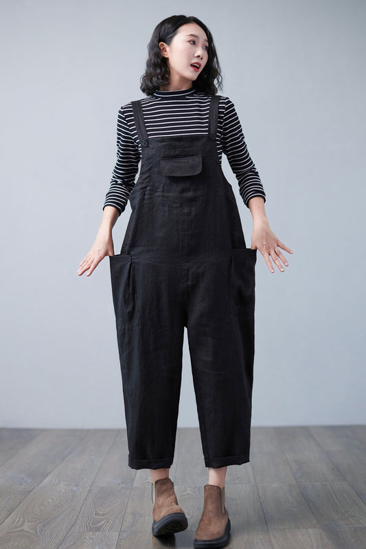 Black Linen Overalls Women C2503