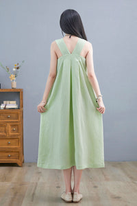 Summer Green Sleeveless Midi Linen Dress For Women C2254#YY05975