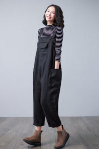 Black Linen Overalls Women C2503
