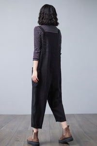 Black Linen Overalls Women C2503