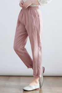 High Waist Womens Causal Linen Pants in Pink C2702
