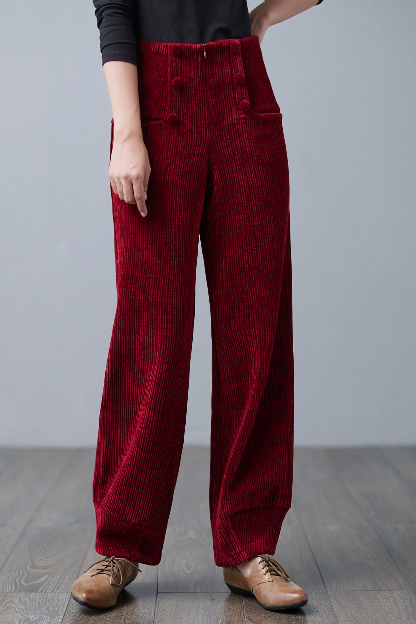 Red High Waisted Corduroy Pants, Wide Leg Pants C250101