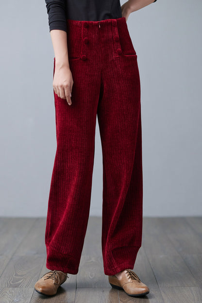 Red High Waisted Corduroy Pants, Wide Leg Pants C250101