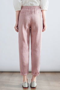 High Waist Womens Causal Linen Pants in Pink C2702