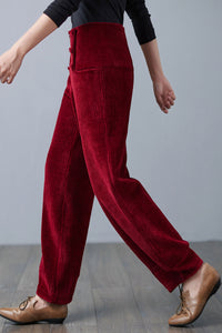 Red High Waisted Corduroy Pants, Wide Leg Pants C250101