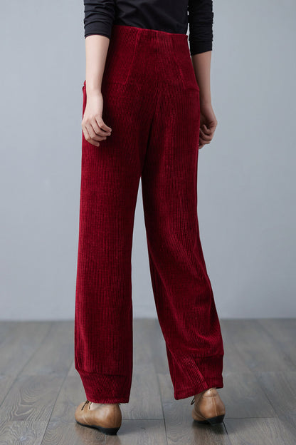 Red High Waisted Corduroy Pants, Wide Leg Pants C250101