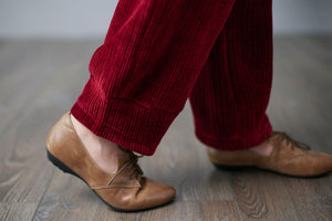 Red High Waisted Corduroy Pants, Wide Leg Pants C250101