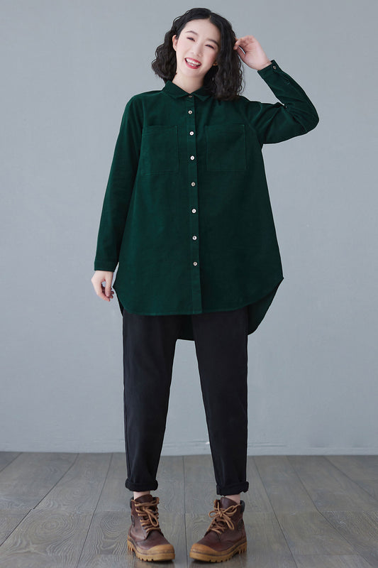 Dark Green Long Sleeve Corduroy Shirt Women C2627