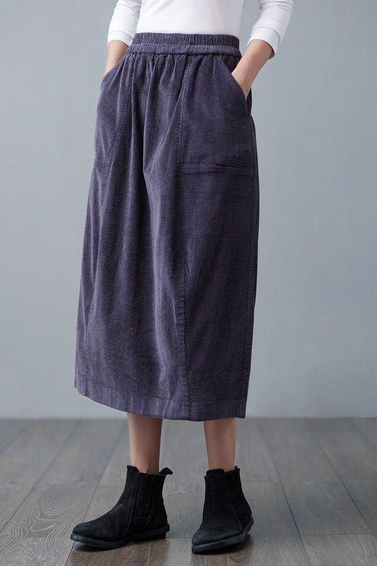 Women's Winter Elastic Waist Midi Corduroy Skirt C250001