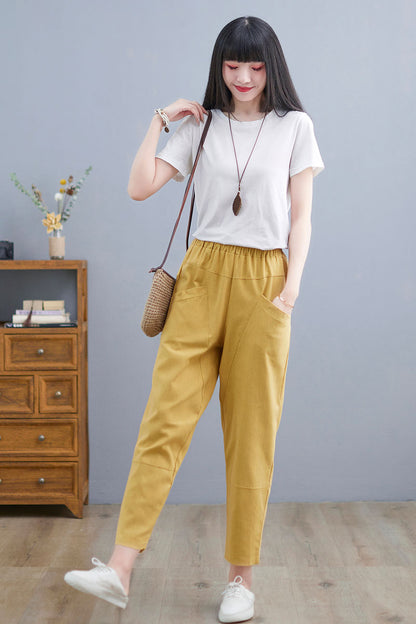 Yellow Casual Linen Cropped Pants  C2257#YY05127