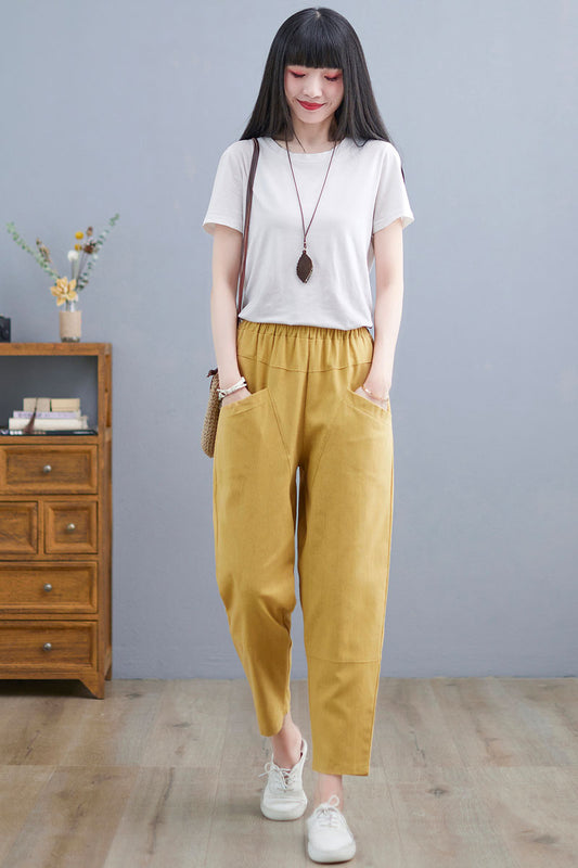 Yellow Casual Linen Cropped Pants  C2257#YY05127