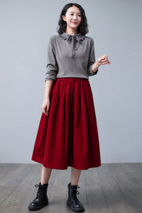 Red Pleated Midi Corduroy Skirt C2505