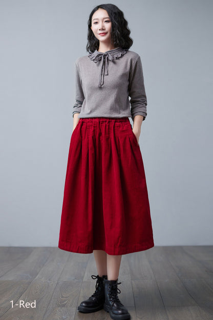 Red Pleated Midi Corduroy Skirt C2505
