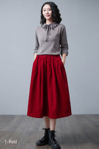 Red Pleated Midi Corduroy Skirt C2505