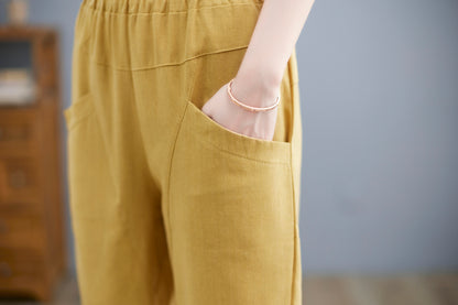 Yellow Casual Linen Cropped Pants  C2257#YY05127