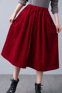 Red Pleated Midi Corduroy Skirt C2505