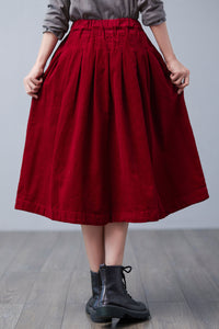 Red Pleated Midi Corduroy Skirt C2505