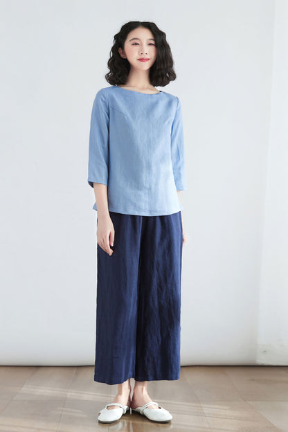 3/4 sleeve Linen blouse in blue C2705