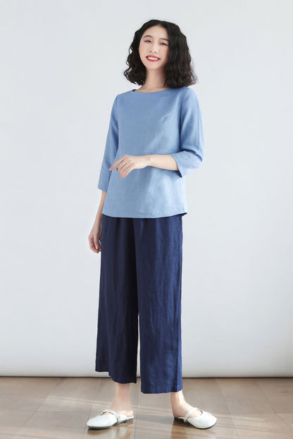 Women Blue Casual 3/4 Sleeve Linen Blouse C2705- Size XS #CK2200134
