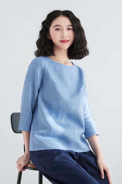 3/4 sleeve Linen blouse in blue C2705