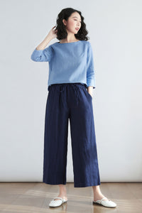 3/4 sleeve Linen blouse in blue C2705