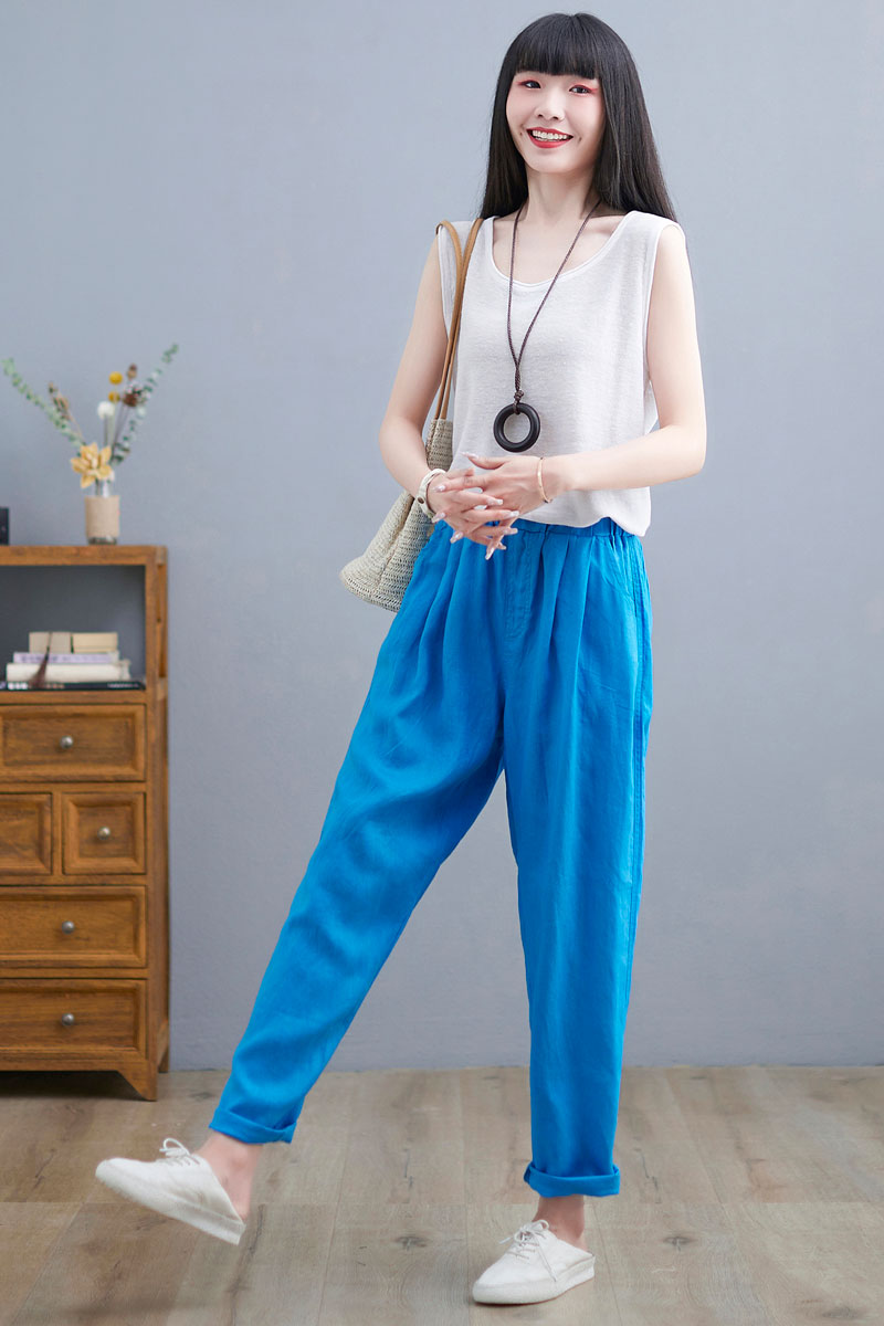 Casual Blue Linen Pants For Women C2261#YY05192