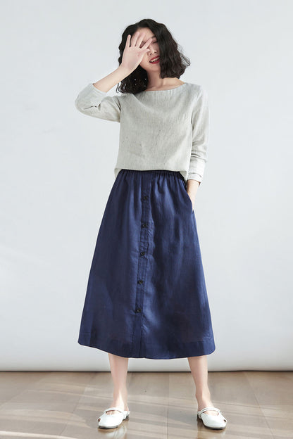 Casual Linen Midi Women Blue Plus Size Custom Skirt C2707 - Size XS #CK2200136