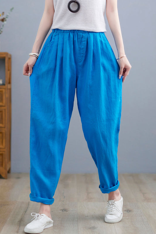 Casual Blue Linen Pants For Women C2261#YY05192