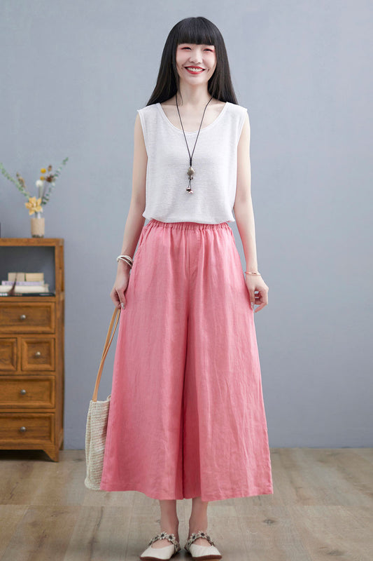 Pink Wide Leg Linen Pants For Women C2264#YY05123