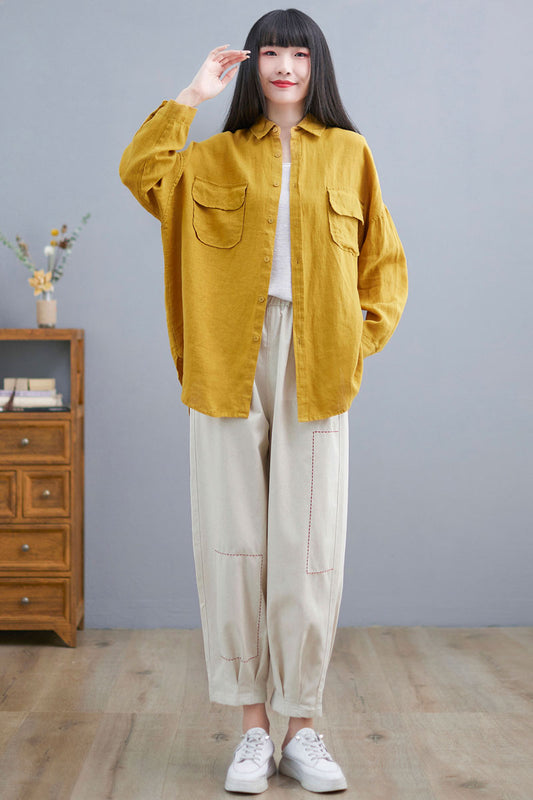 Yellow Loose Fit Shirt Tops for Women C2274, Size S，#YY01991