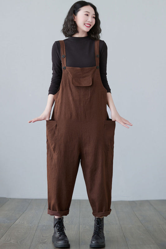 Plus Size Caramel Harem Linen Overalls C2499