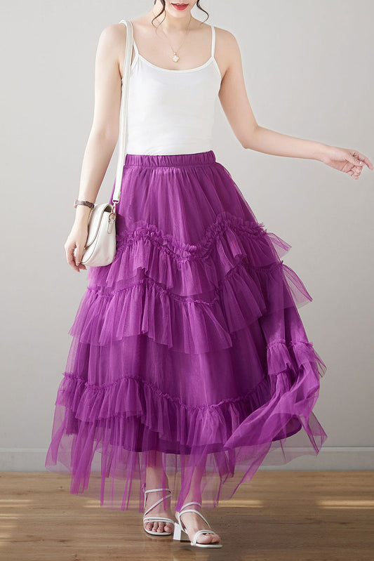 Women Long Purple Tulle Skirt C3183