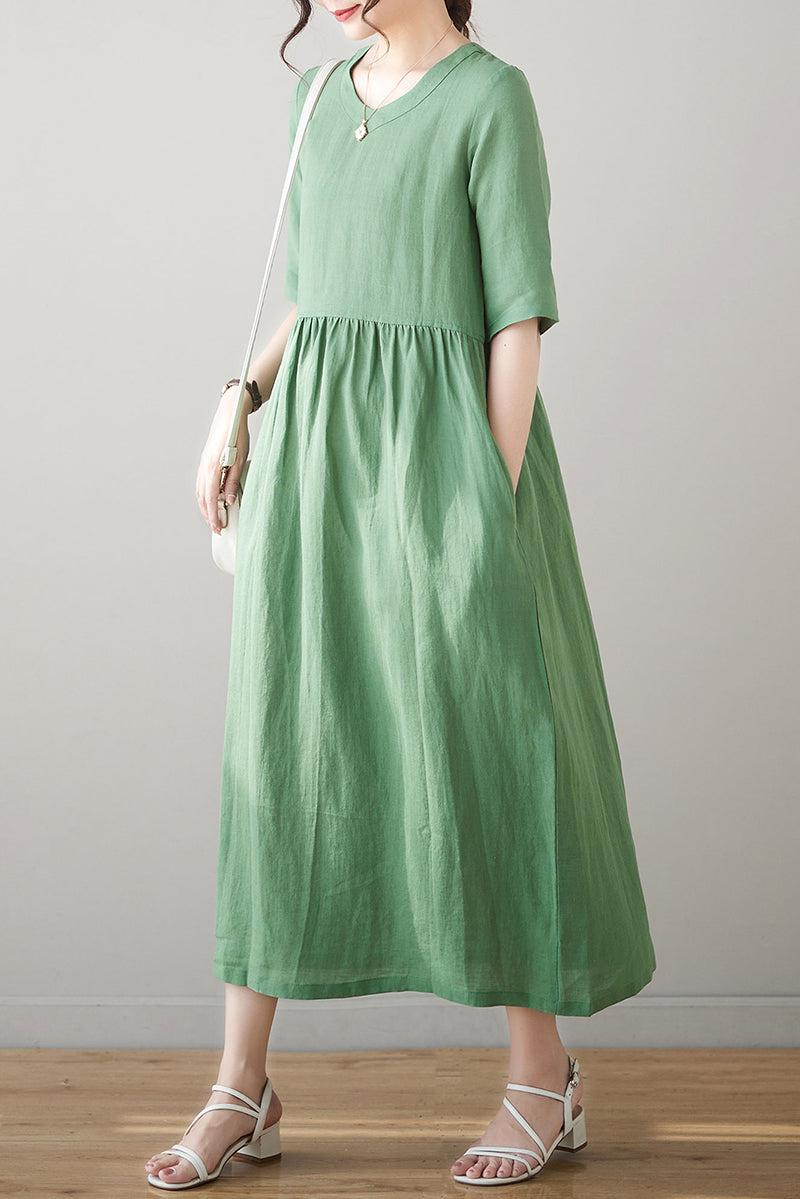 Summer Green Midi Linen Dress C3184