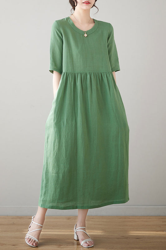 Summer Green Midi Linen Dress C3184