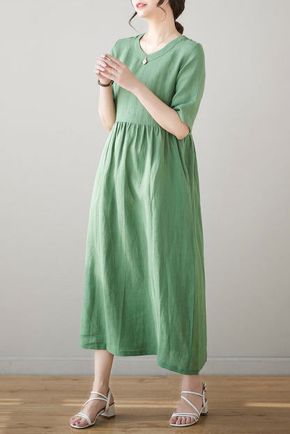 Summer Green Midi Linen Dress C3184