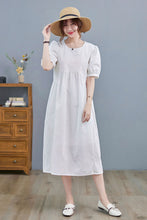 Load image into Gallery viewer, Women Puff Sleeve White Cotton Midi Dress C218901

