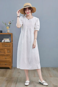 Women Puff Sleeve White Cotton Midi Dress C218901