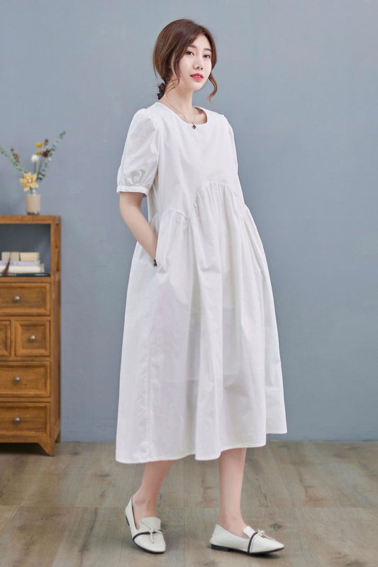 Women Puff Sleeve White Cotton Midi Dress C218901