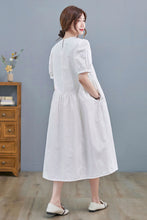 Load image into Gallery viewer, Women Puff Sleeve White Cotton Midi Dress C218901
