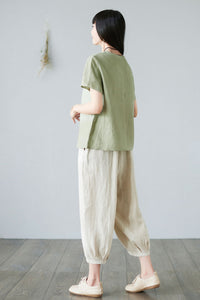 Green Casual V Neck Linen Blouses for Women C2278#YY05092
