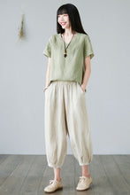 Load image into Gallery viewer, Green Casual V Neck Linen Blouses for Women C2278#YY05092
