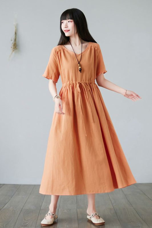 Summer Plus size Linen Dress in orange For Women C228001