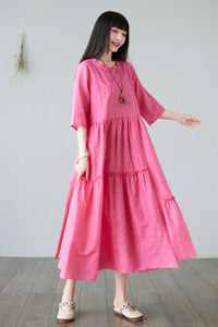 Summer Swing Rose Pink Midi Linen Dress For Women C2281